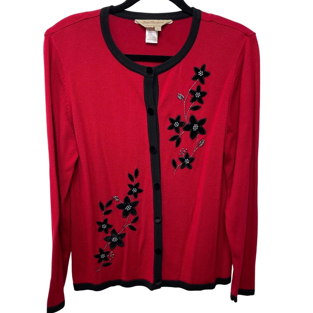 Vtg Norm Thompson Cardigan Sweater Red Black Floral Bead Dark‎ Academia Granny M